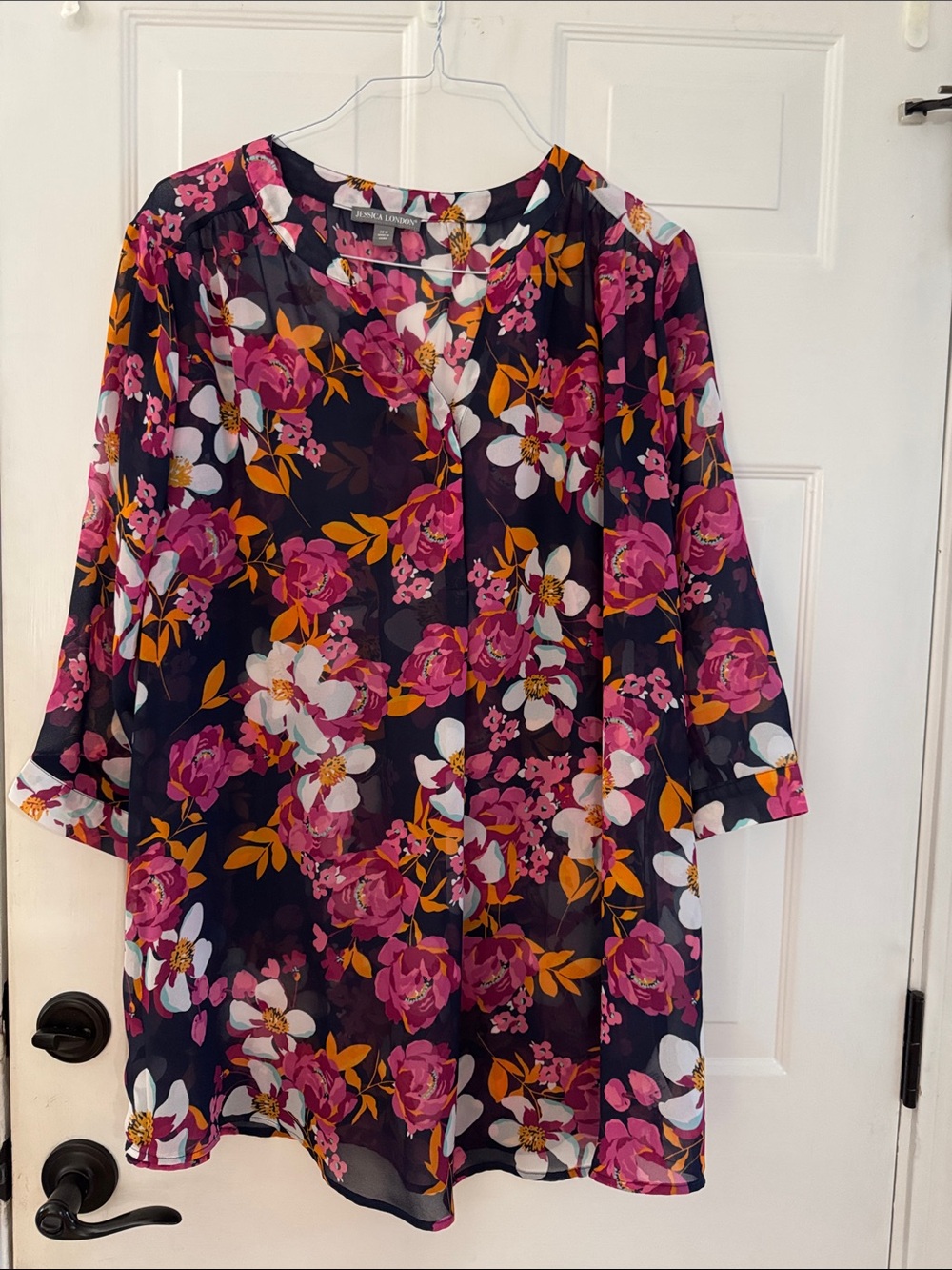 Jessica London Navy Sheer Floral Tunic with Pink, white, orange Sz 24W